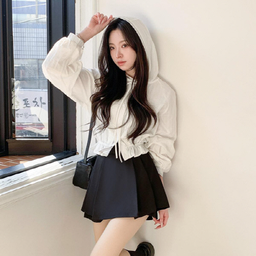 하으레 셔링 세미크롭 후드 셔츠 블라우스