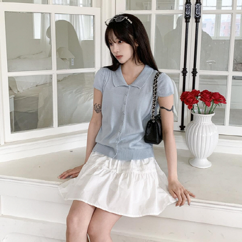 루서영 미니 꽈배기 반팔 캡소매 카라 가디건