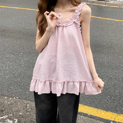 쿠소비 프릴 레이어드 민소매 체크 블라우스