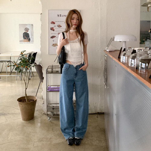 모투거 커브드 와이드 중청 데님 팬츠