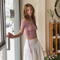 두배도 셔링 원오프 스트라이프 반팔 티셔츠