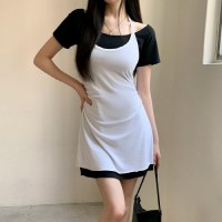 루레닌 물결 홀터넥 배색 레이어드 반팔 원피스