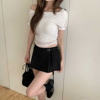 새버진 오프숄더 플라워 레이스 크롭 반팔 티셔츠