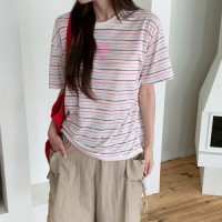 오산빈 텐셀 레터링 스트라이프 루즈핏 반팔티