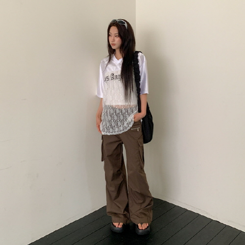 구삼레 레이스 레이어드 브이넥 레터링 루즈 반팔티