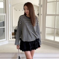 고키매 멀티 배색 단가라 루즈핏 긴팔 티셔츠