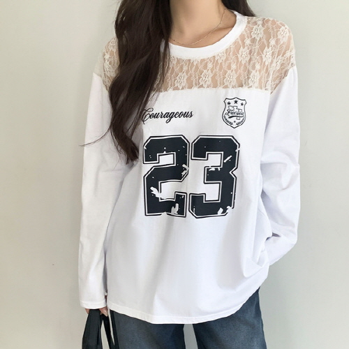 인심봄 레이스 배색 넘버링 긴팔 티셔츠