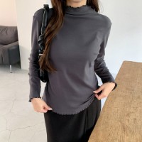 후근라 무지 프릴 물결 반폴라 긴팔 티셔츠