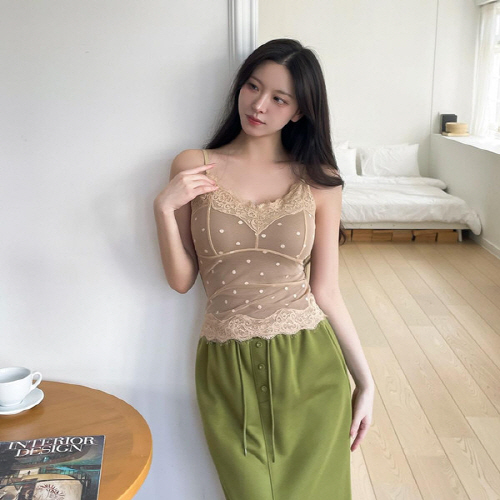 피퍼솔 도트 레이스 시스루 뷔스티에 슬리브리스