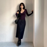 수솔류 리오셀 스트레치 앞트임 H라인 롱 스커트